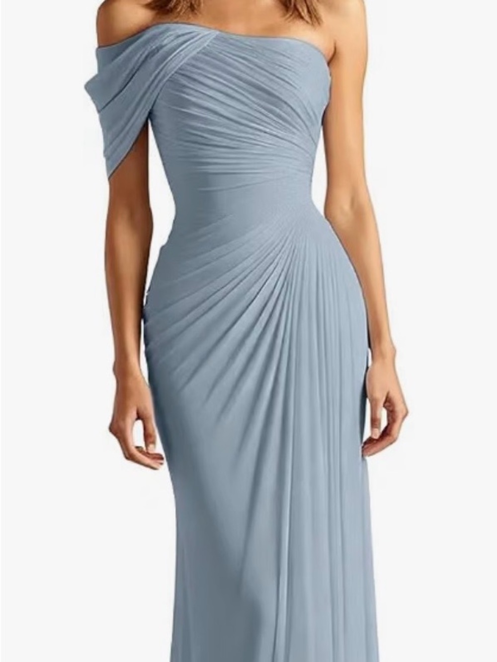Brand Light Blue Off-Shoulder Draped Evening Gown (Bridesmaid)